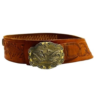 Vintage Tooled Leather Ammo Belt HUNTER 25 Rounds BONUS Brass Buckle Medium - Picture 1 of 11