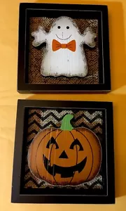 Set of 2 Halloween Pumpkin & Ghost Tabletop Wood Signs w/ Burlap Trim NEW - Picture 1 of 4
