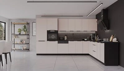 Winkelküche ARONA 350x290 cm Küchenzeile Eckküche Küche Kaschmir beige + Schwarz - Bild 1 von 4