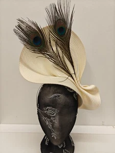 ivory large straw fascinator peacock feather millinery headband wedding hat - Picture 1 of 3