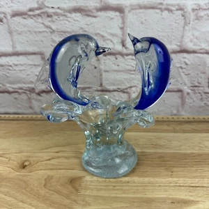 Murano Style Art Glass Turquoise Blue Dolphin Couple On A Wave 7” Heavy! Heart - Picture 1 of 8
