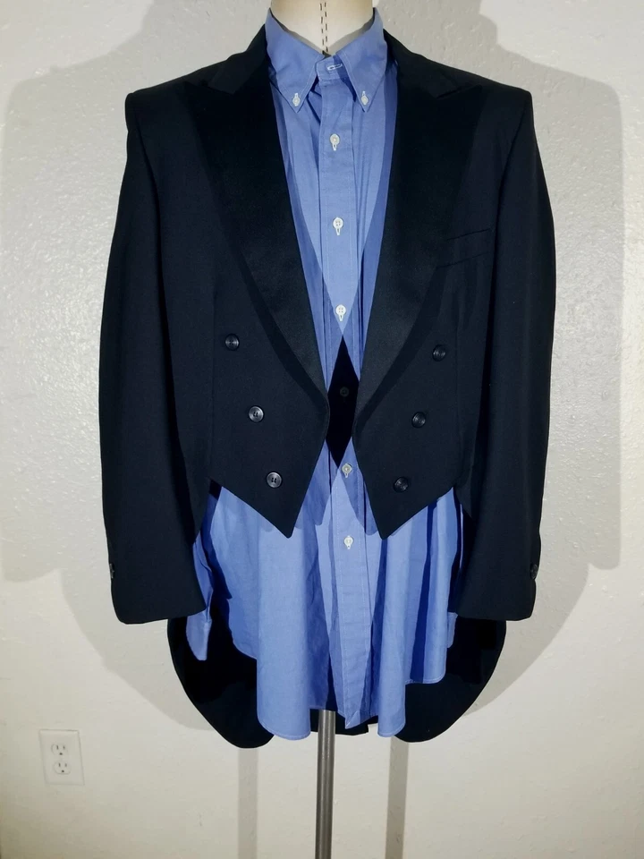 Chaqueta Abrigo Cola Blazer 43R Años 60 Vintage Pico Solapa Falda Negro Esmoquin Cena Foto 1 de 4