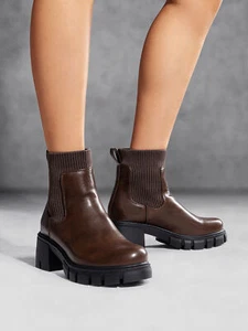 Women Ankle Boots Low Chunky Heel PU Pull On Classic Elastic Chelsea Booties - Picture 1 of 18