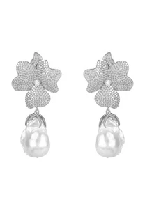 Orecchini Fiore Bianco Rosa Barocco Naturale Perla 925 Argento Sterling Cz Sposa - Foto 1 di 7