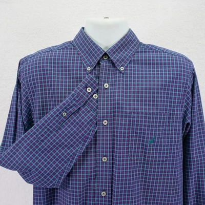 Nautica A Bit Trimmer -Large- Cotton Purple Blue Check Button Down Dress Shirt - Image 1 of 4