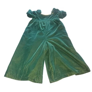 Janie and Jack Girls Size 4 Puff Sleeve Wide Leg Velvet Jumpsuit Emerald Green - Picture 1 of 9