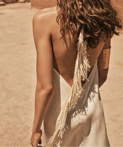 Zara Cream White Linen Maxi Long Fringe Open Back Summer Dress S Halter Neck - Picture 1 of 12