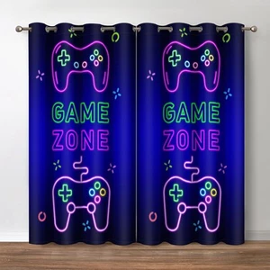 Gaming Gamepad Blackout Curtains - Video Games Controller Neon Sign Pattern D... - Picture 1 of 6