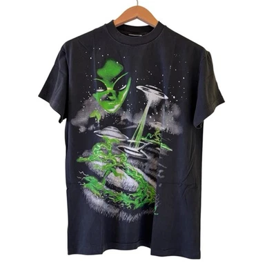 Camiseta De Colección 1997 Azul Líquido Extraterrestre Abducción Moderna REIMPRESIÓN Puntada Única Grande Foto 1 de 4