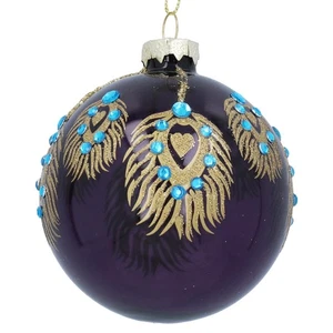 Gisela Graham Purple Glass Peacock Christmas Tree Bauble with Gold Hanging Twine - Picture 1 of 1