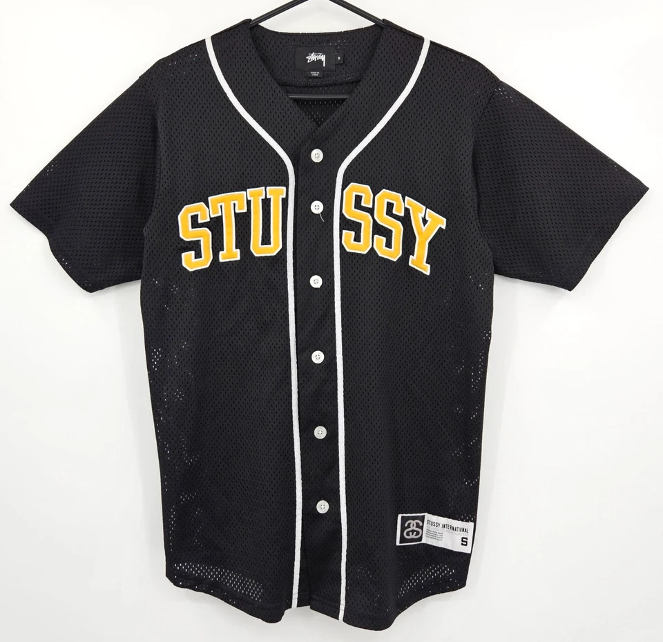 Camiseta de béisbol Stussy International Stitch Spell Out de malla negra amarilla para hombre S Foto 1 de 4