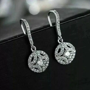 2.00 Ct Round Cut Lab Created Diamond Drop/Dangle Earrings 14k White Gold Plated - Picture 1 of 3