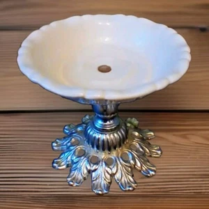 vintage white ceramic silver metal pedestal soap dish trinket cottage BOHO - Picture 1 of 8