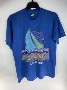 Vintage 90s Sailing Lake Placid Tourist Blue Tee Shirt Screen Stars Boat Fun - Picture 1 of 6