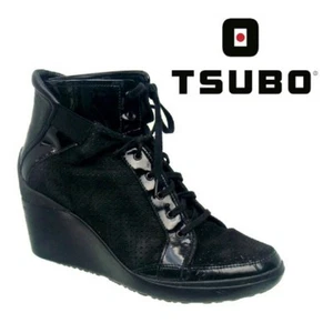 TSUBO Black Suede Patent Leather Dess High Top Wedge Sneaker Boots 10 US 8.5UK - Picture 1 of 5