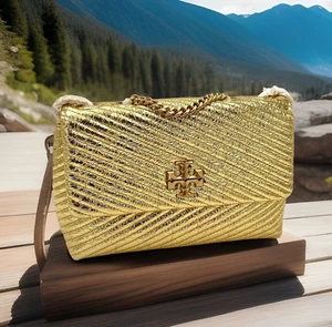 TORY BURCH KIRA SMALL MOTO CONVERTIBLE SHOULDER BAG QUILT METALLIC LEATHER NWT - Picture 1 of 10