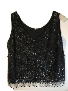 Vintage Hongkong schwarz Pailletten ärmellos Fransen Top - 1960er EUC Gr. 40 Gatsby - Bild 1 von 7
