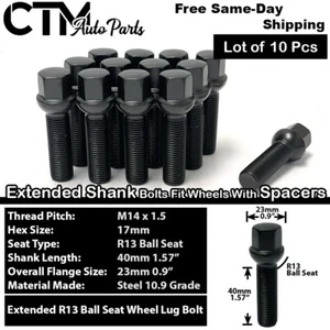 10x Black 14x1.5 Ball Seat Extend Lug Bolts 40mm Shank Fit Mercedes Stock Rims - Picture 1 of 6