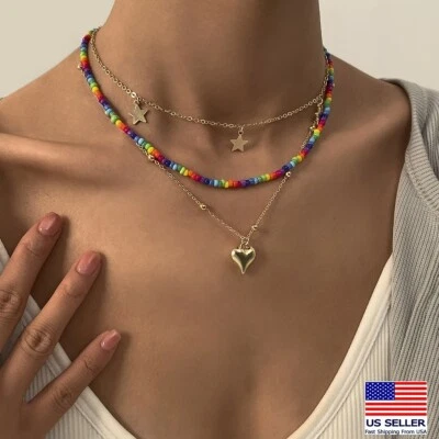 Moda Mujeres Joyería Collar Tres Capas Cuentas Corazón Estrella Gargantilla Colgante 0083 Foto 1 de 4
