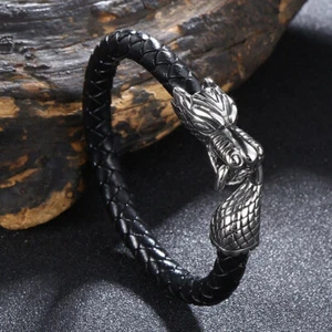 Men's Stainless Steel Dragon Head Woven Leather Rope Leading Bracelet Bangle - Picture 1 of 12