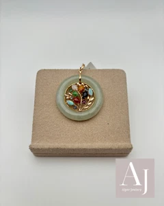 Jade Muliti Stoned Floral 14k Gelbgold Anhänger - Bild 1 von 4