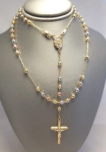 14K Tri-Color Gold Rosary Chain with Crucifix Pendant | 13g | 20" | 3.9mm - Picture 1 of 5