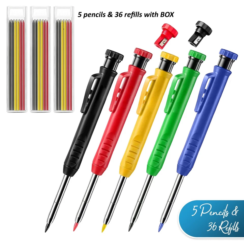 5Pcs Mechanical Carpenter Pencil, 36 Pcs Refills Needle Nose & Box - Image 1 of 4