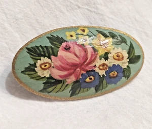 Spilla Petrykivka vintage floreale dipinta a mano, legno laccato ovale spilla aperta - Foto 1 di 6