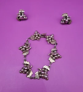 Vtge TAXCO Grapes & Leaves Sterling Silver Panel Link Bracelet MEXICO Earrings - Picture 1 of 10