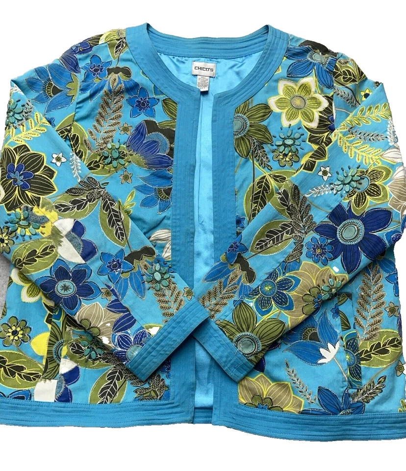 Chico’s Jacket Womens Size 3 (XL) Blue Floral Embroidered Beaded Button Front Bo - Image 1 of 4