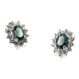  18K WHITE GOLD PLATED EMERALD GREEN CZ & AUSTRIAN CRYSTAL CLIP-ON EARRINGS - Picture 1 of 1