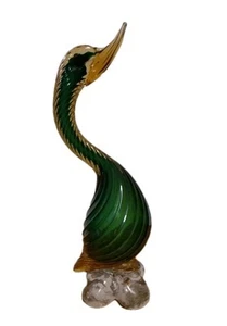 Vtg Swan Bird Duck MURANO Venetian Blown Art Glass Figurine Green Amber 12" - Picture 1 of 17