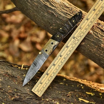 Damascus Folding Dagger Blade Pocket Knife Tactical Case- Ram Horn - Sheath - Image 1 of 4