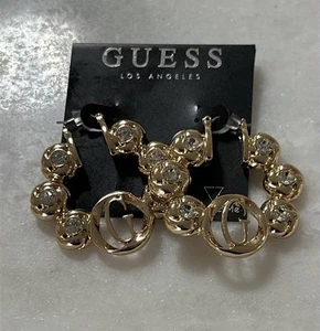 Guess Gold Hoop with signature G and rhinestones Earrings New - Picture 1 of 5