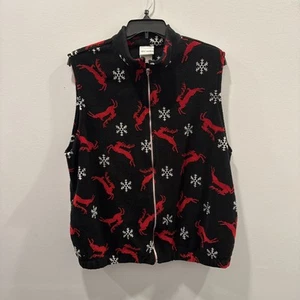 Vintage Napa Valley Fleece Reindeer Snowflakes Black Zip Vest 1XL - Picture 1 of 4