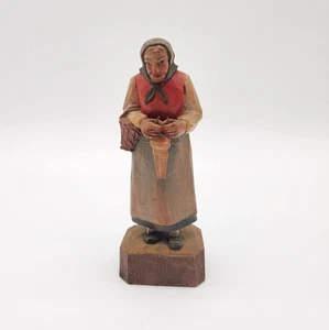 Vintage Anri Carved Wooden Small 5" Figurine Women Knitting With Basket - Picture 1 of 7