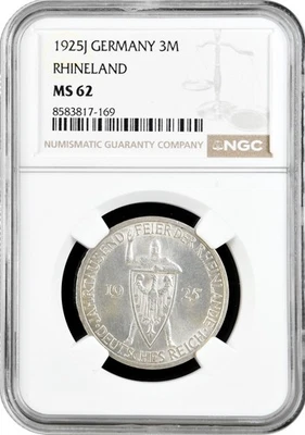Weimar Republic 3 reichsmark 1925 J, NGC MS62, "1000th Year of the Rhineland" - Image 1 of 2