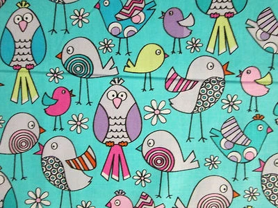 OWLS LOVE BIRDS FLOWERS TEAL BLUE FABRIC FQ - Image 1 of 4