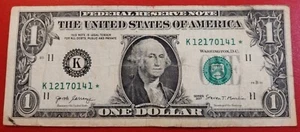 Misaligned $1 One Dollar Star Note Serial Number K12170141* Series 2017 - Picture 1 of 2