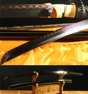 japanese samurai sword katana damascus folded steel clay tempered black red  - Picture 1 of 12
