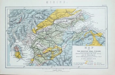 Antique Geological Map Scotland  SCOTTISH COAL FIELDS Original Colour Print 1885 - Image 1 of 2