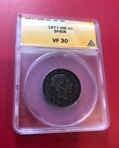 SPAIN 1877 OM 5 CENTIMOS COIN ANACS VF 30 - Picture 1 of 2