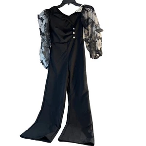 Girls Jumpsuit Black Rhinestones Pearl Sheer Lace Sleeves Party Formal Size 10 - Picture 1 of 5