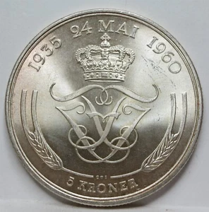 DENMARK 5 kroner 1960 UNC Silver Wedding Anniversary King Frederick Ingrid #F50 - Picture 1 of 6