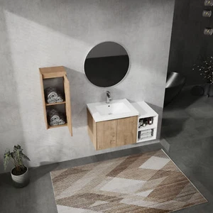 Tocador de baño montado en la pared de madera contrachapada de 24" con fregadero de resina + gabinete lateral + estante de almacenamiento - Imagen 1 de 12