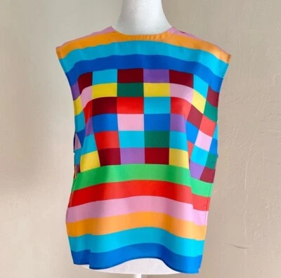 Valentino RTW 1973 Panama Check Silk Sleeveles Rainbow Top - Imagem 1 de 4