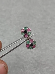 0.28 Ct Sapphire & Ruby & Emerald Stud Earrings 925 Solid Sterling Silver - Picture 1 of 5