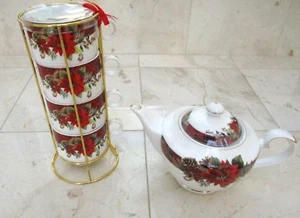 NUEVO JUEGO DE PORCELANA FINA GRACE TEAWARE POINSETTIA QUE INCLUYE TETERA Y 4 TAZAS DE TÉ - Imagen 1 de 12
