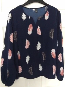 Womens Navy Blue Blouse With Feather Pattern Size 12 - Picture 1 of 4