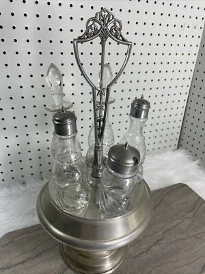 Antique WR EPBM Silver Plate Lazy Susan Cruet Caddy WM A Rogers Cut Glass Plated - Image 1 of 4